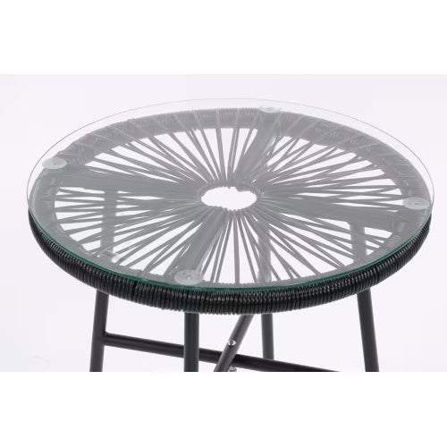 Round glass top terrace bistro table with black woven design for outdoor bistro conversation set
