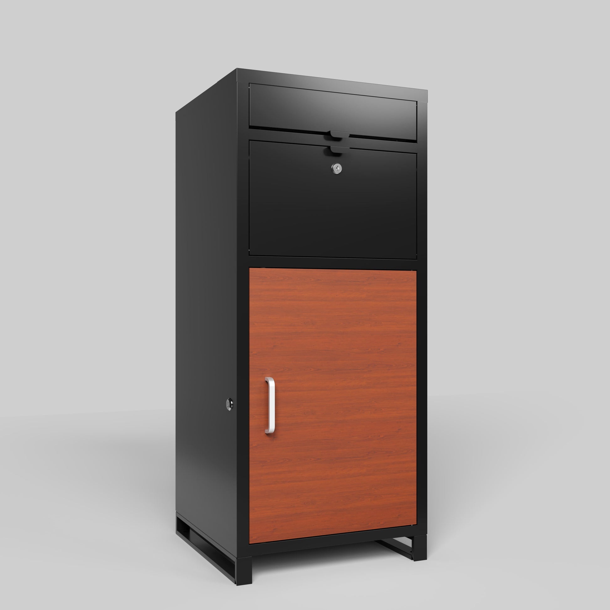 Shopi Vella outdoor parcel drop box with black metal frame and wooden lower storage door