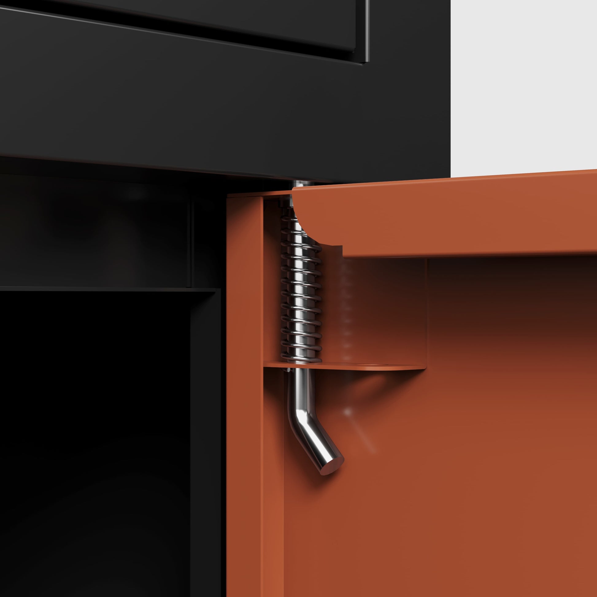 Close-up of metal hinge detail on Shopi Vella outdoor parcel drop box in rust color