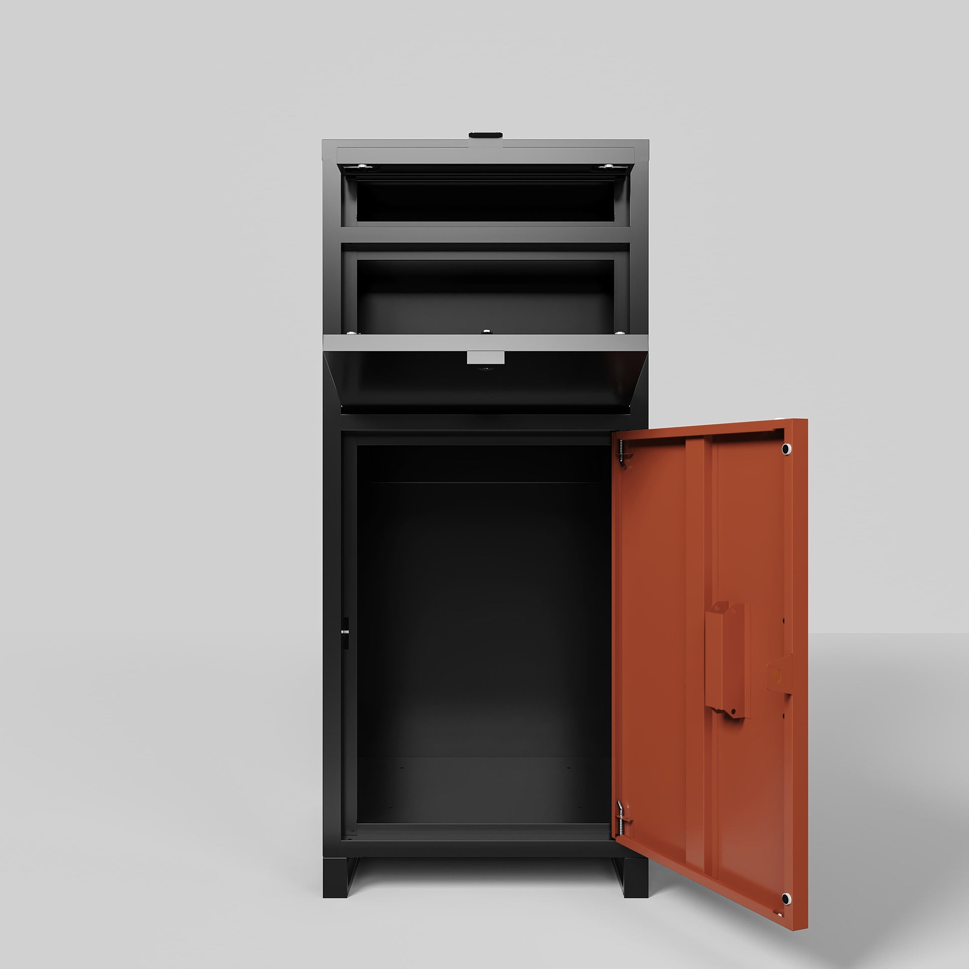 Shopi Vella outdoor parcel drop box with black body and open red door for secure storage