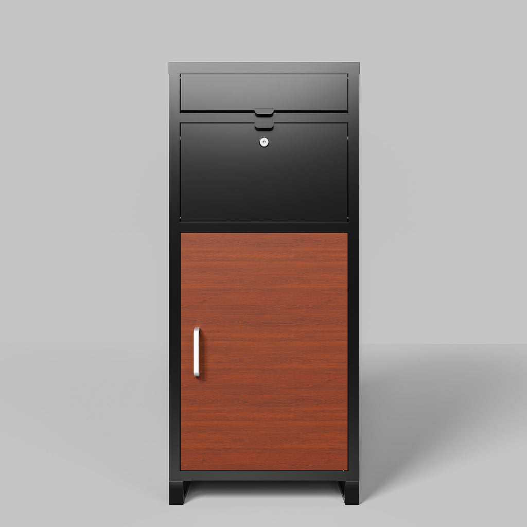 Shopi Vella outdoor parcel drop box with black metal frame and wooden storage door