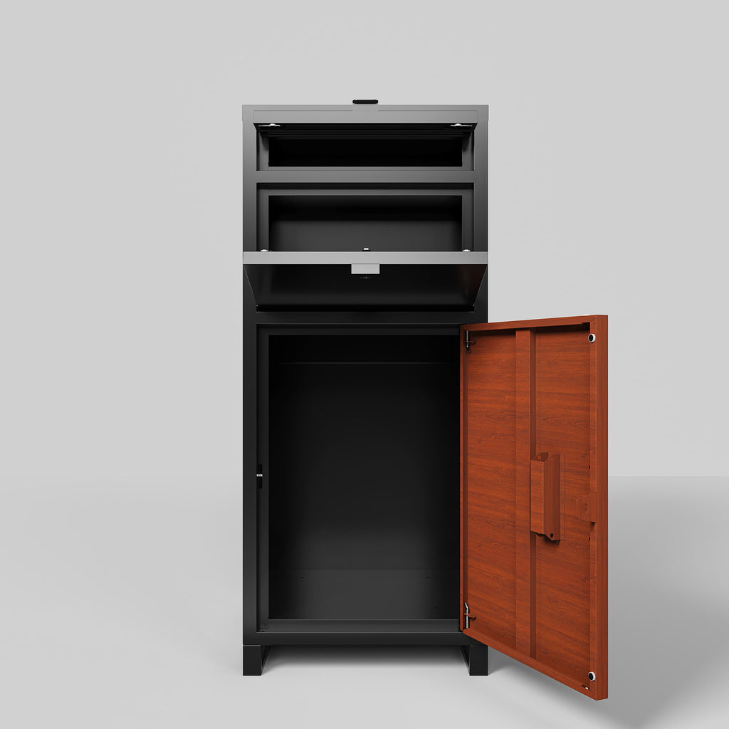 Shopi Vella outdoor parcel drop box with black body and wooden door for secure storage