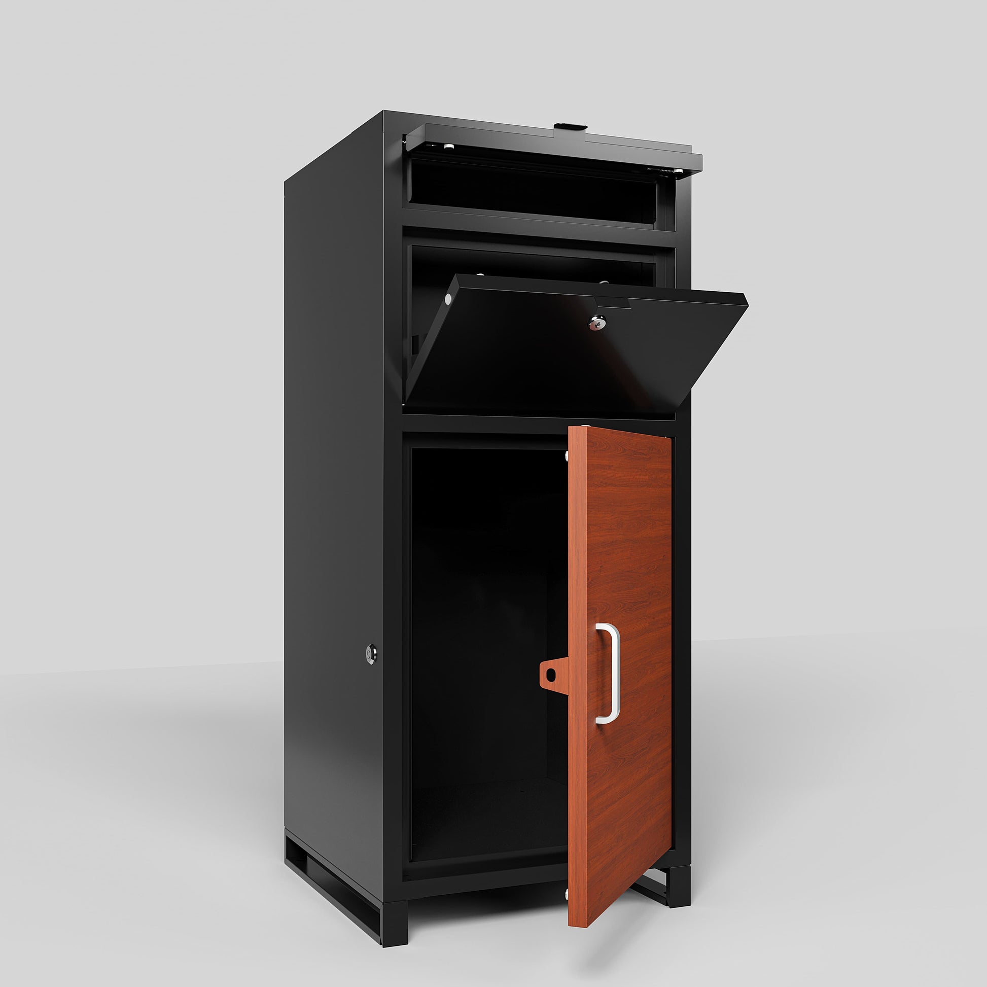 Shopi Vella black outdoor parcel drop box with wooden door and secure locking compartments