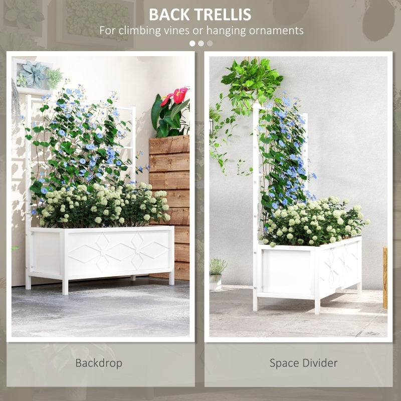 White outdoor planter box with trellis featuring climbing vines and decorative flowers by Shopi Vella