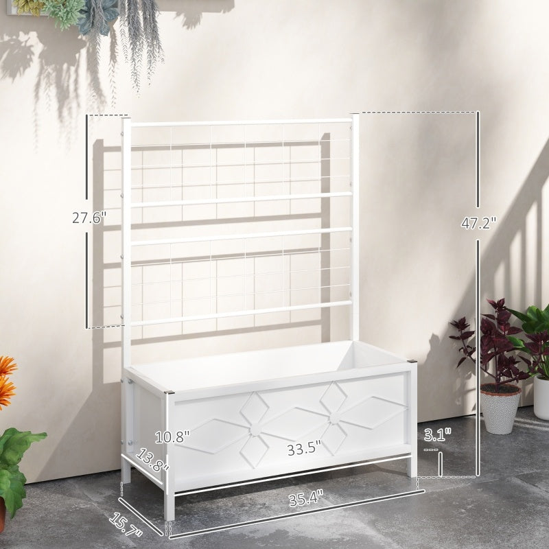 Shopi Vella white outdoor planter box with trellis featuring metal frame and decorative diamond pattern