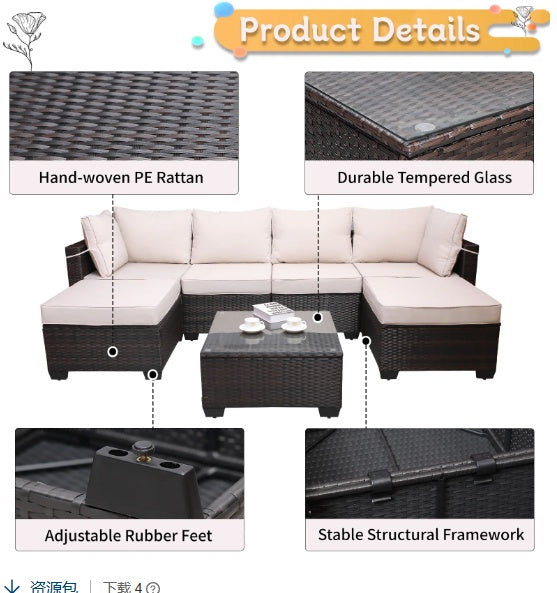 Outdoor sofa patio furniture set with hand-woven PE rattan, tempered glass table, and beige cushions