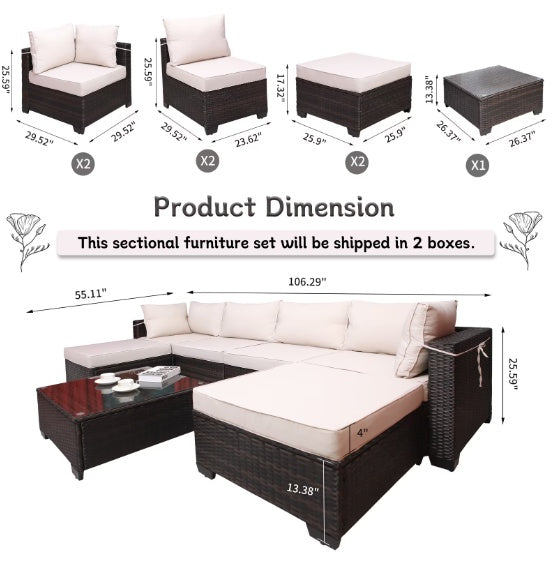 Outdoor sofa patio furniture sectional set with dark wicker frame and beige cushions