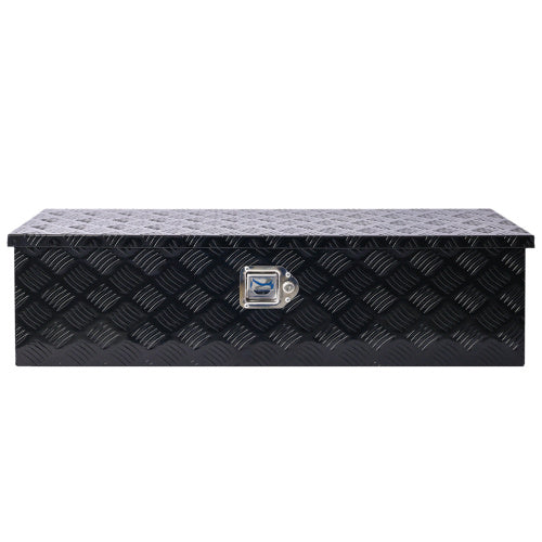 Shopi Vella black metal outdoor trailer underbody storage box with diamond plate texture and secure latch