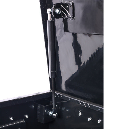 Shopi Vella black outdoor trailer underbody storage box with open lid and hydraulic lift support
