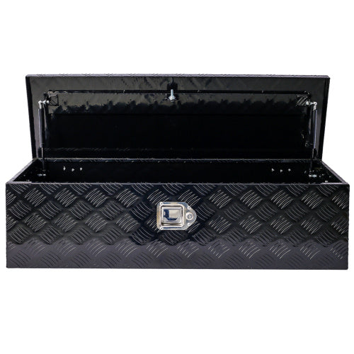 Shopi Vella black metal outdoor trailer underbody storage box with open lid and latch lock