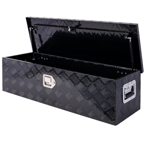 Shopi Vella black metal outdoor trailer underbody storage box with diamond plate pattern and open lid
