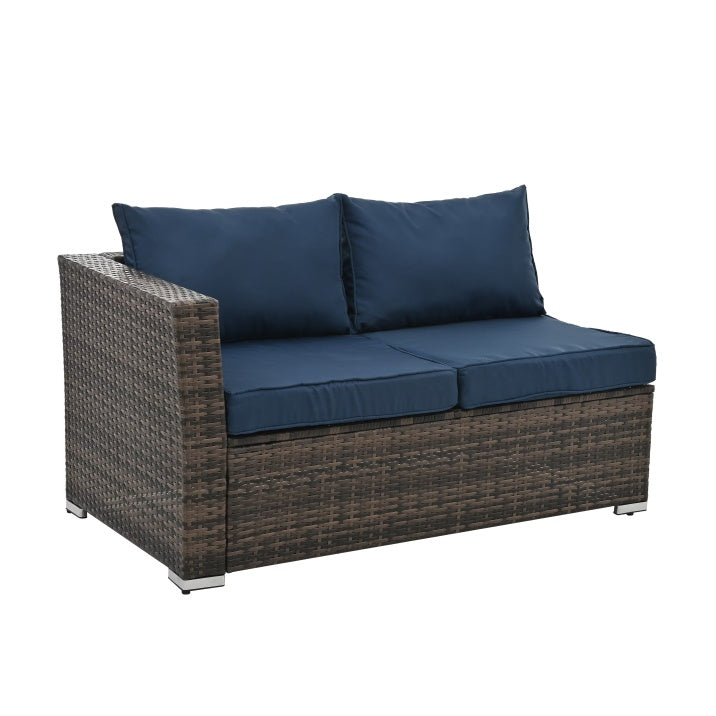 Shopi Vella outdoor wicker furniture with glass table featuring dark brown wicker and blue cushions