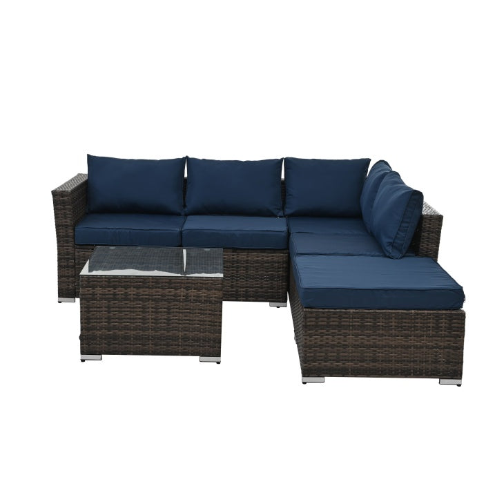 Shopi Vella outdoor wicker furniture with glass table and navy blue cushions sectional sofa set