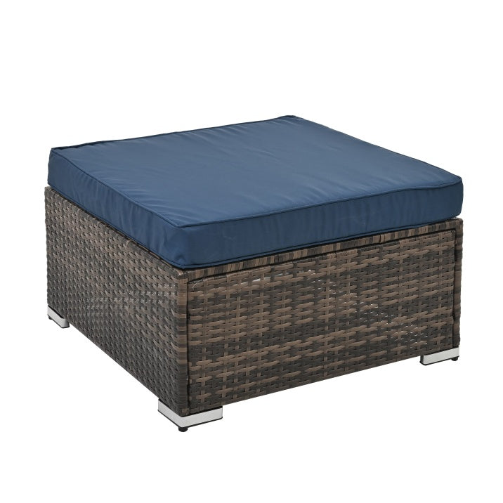 Shopi Vella outdoor wicker furniture with glass table ottoman featuring blue cushion and brown woven design