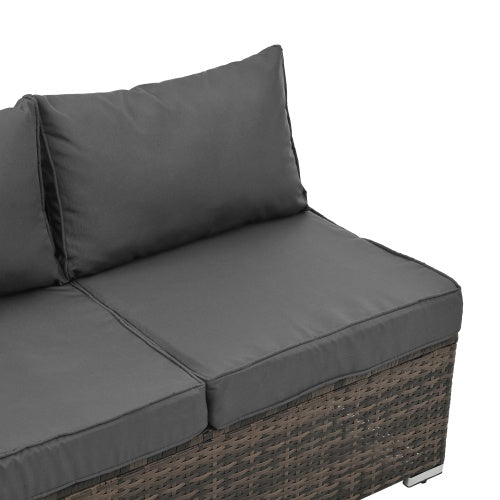Close-up of Shopi Vella outdoor wicker patio furniture set with dark gray cushions and woven brown base
