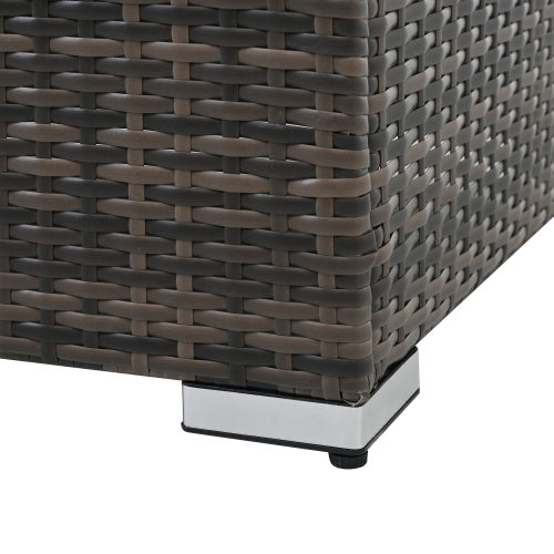 Close-up of corner and metal leg detail of Shopi Vella outdoor wicker patio furniture set in brown tones