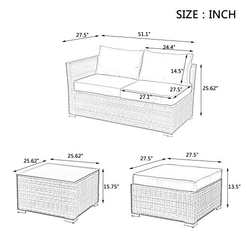 Dimensions diagram of outdoor wicker patio furniture set including sofa, ottoman, and coffee table