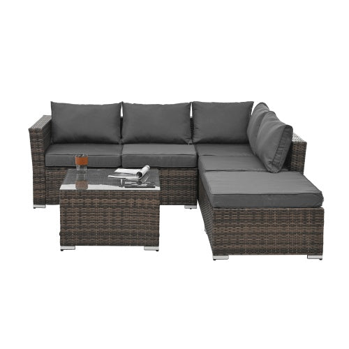 Shopi Vella outdoor wicker patio furniture set with dark cushions and glass top coffee table