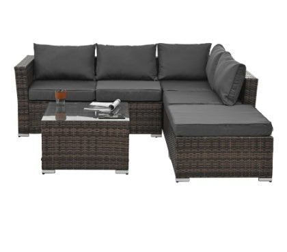 Shopi Vella outdoor wicker patio furniture set with dark cushions and matching coffee table