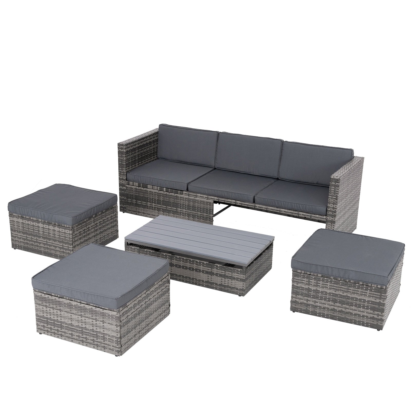 Shopi Vella outdoor wicker patio set with gray cushions including sofa, ottomans, and coffee table
