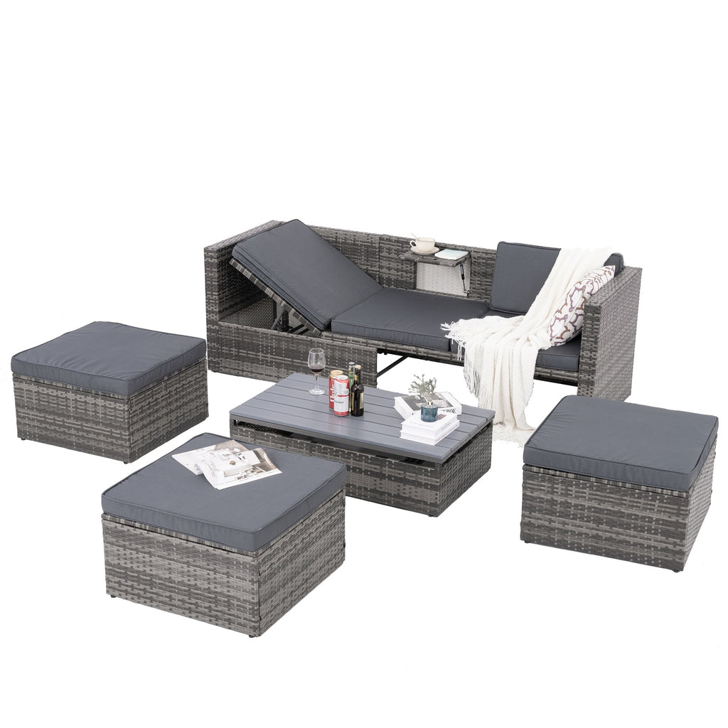 Shopi Vella outdoor wicker patio set with adjustable chaise lounge, cushions, ottomans, and coffee table