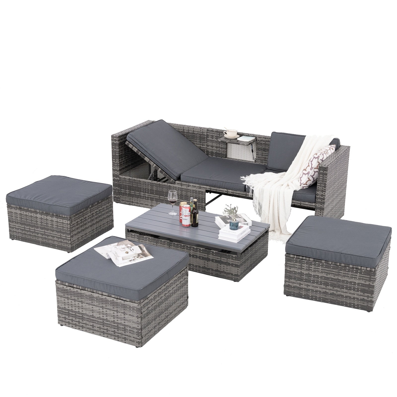 Shopi Vella outdoor wicker patio set with adjustable chaise lounge, cushions, ottomans, and coffee table
