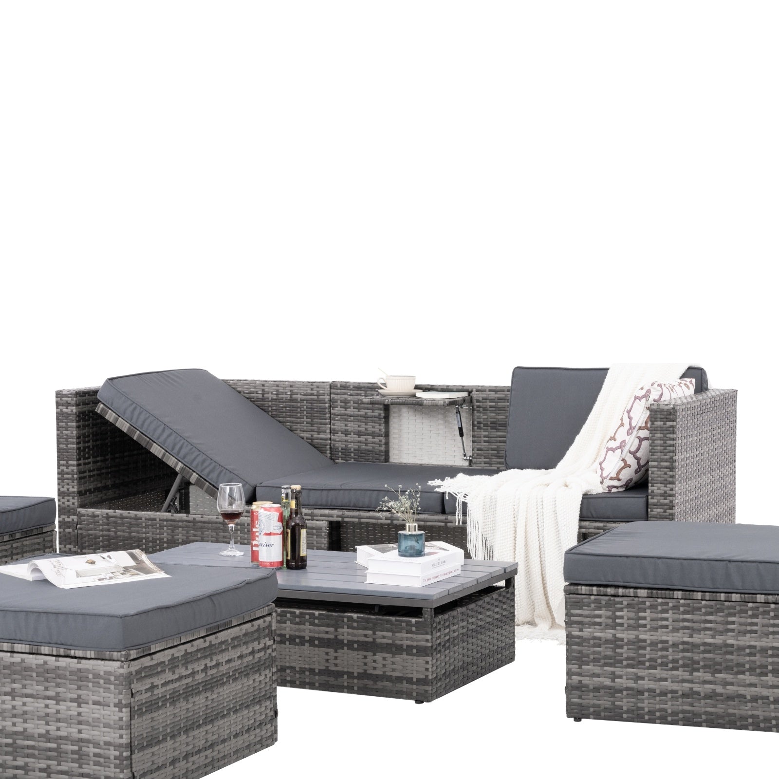 Shopi Vella outdoor wicker patio set with grey cushions and coffee table on white background