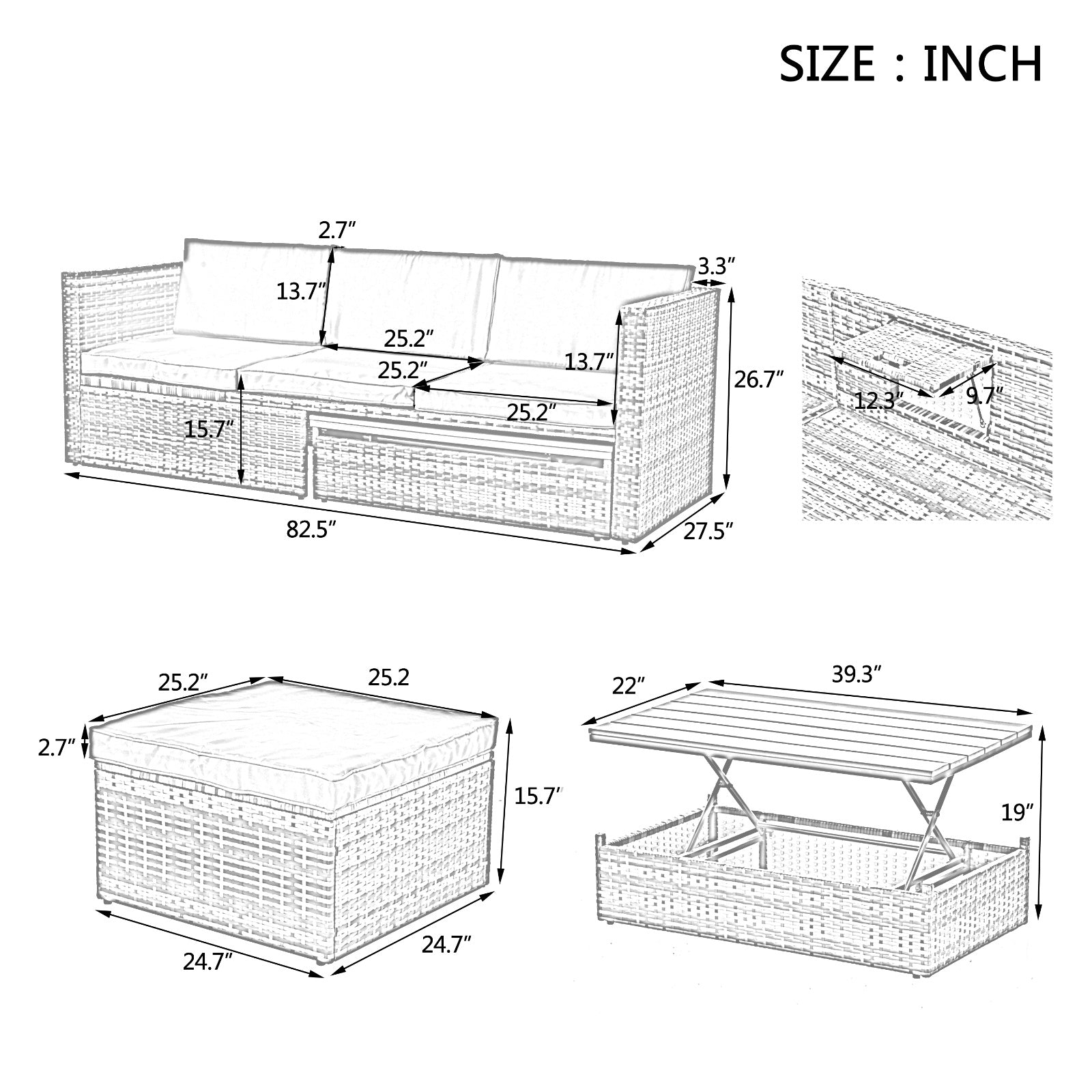 Detailed dimensions diagram of outdoor wicker patio set including sofa, ottoman, and lift-top coffee table