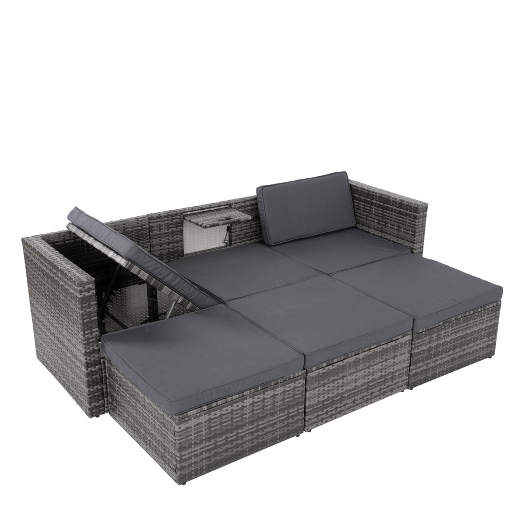 Shopi Vella gray outdoor wicker patio set with cushioned seating and adjustable backrest
