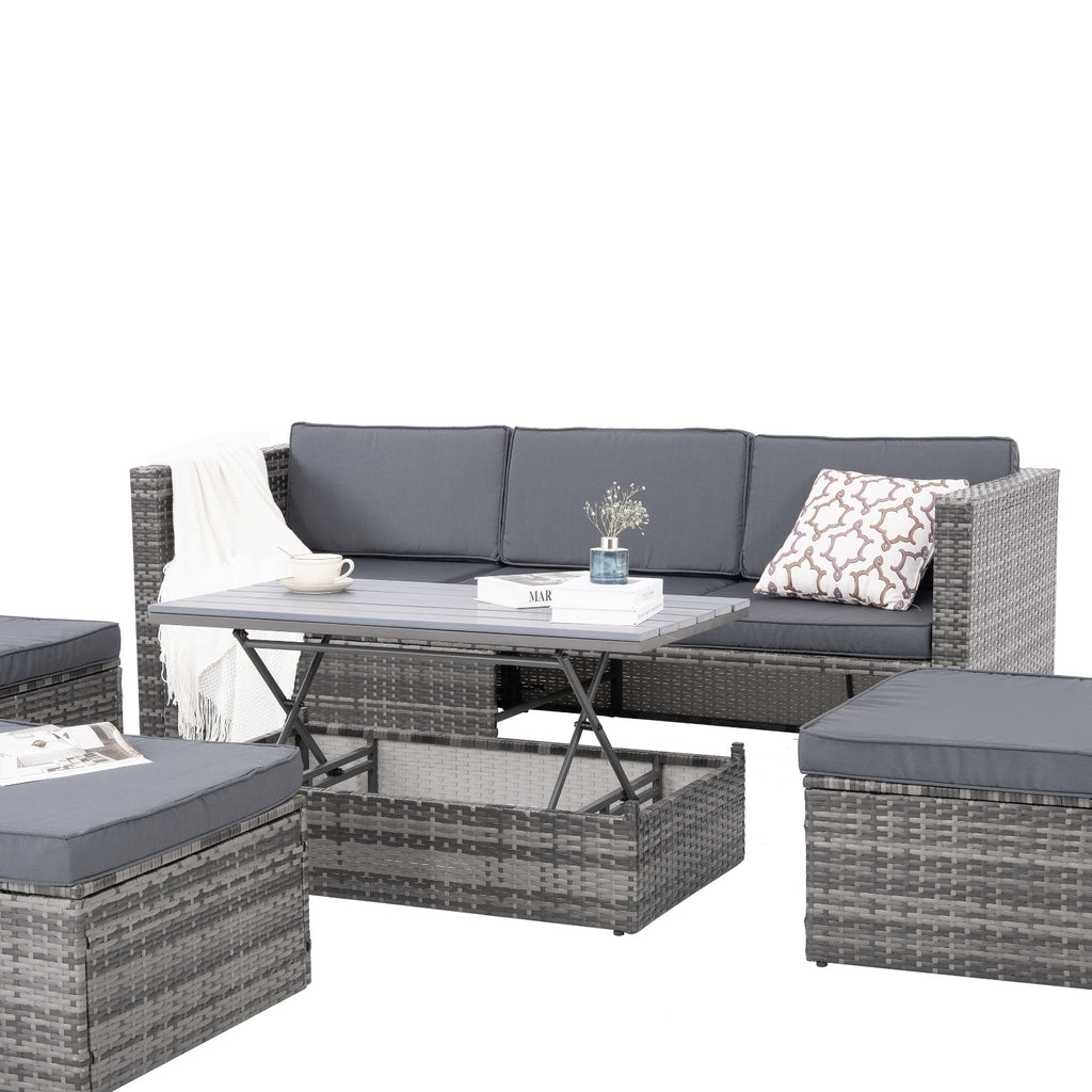 Shopi Vella outdoor wicker patio set with gray cushions and a lift-top coffee table