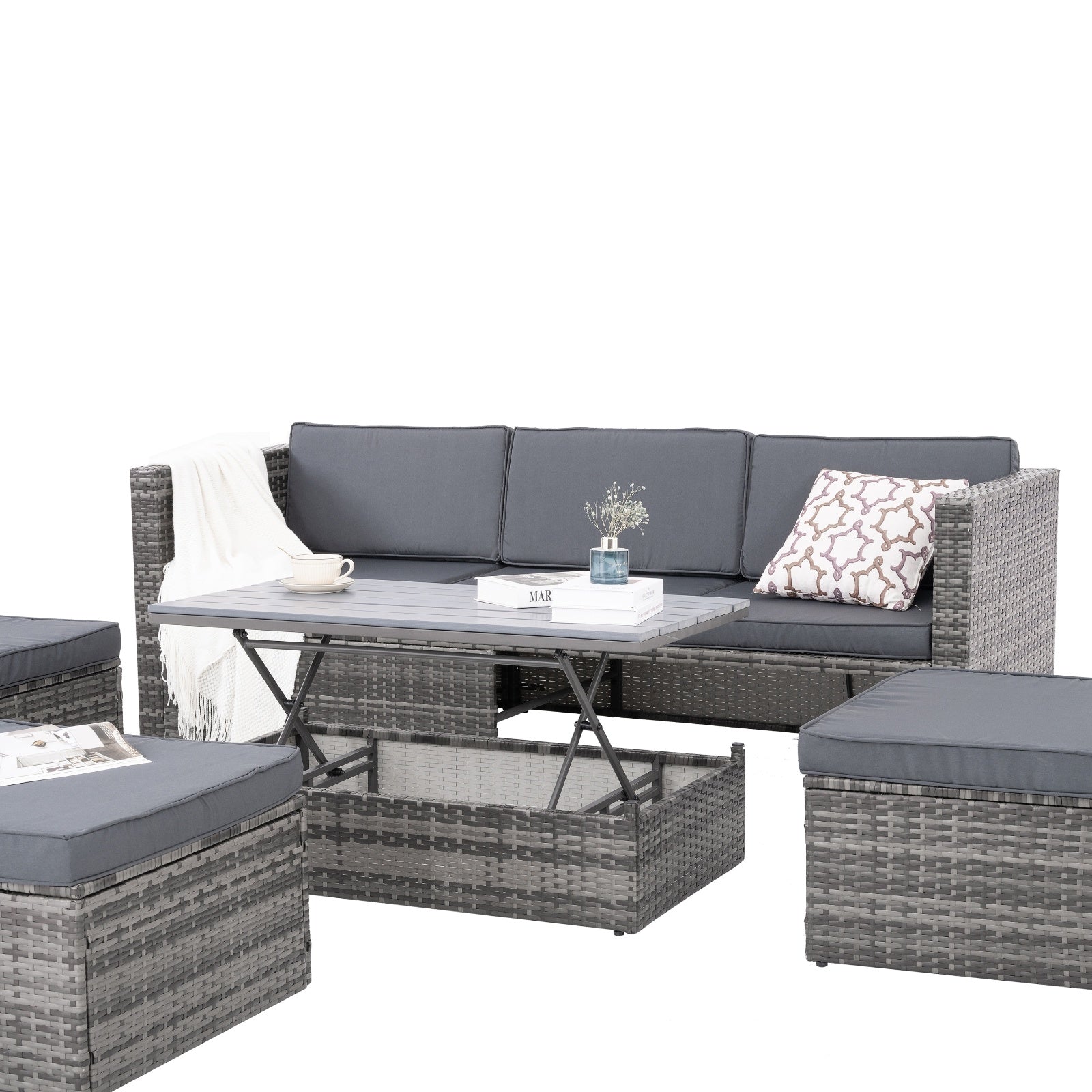 Shopi Vella outdoor wicker patio set with gray cushions and a lift-top coffee table