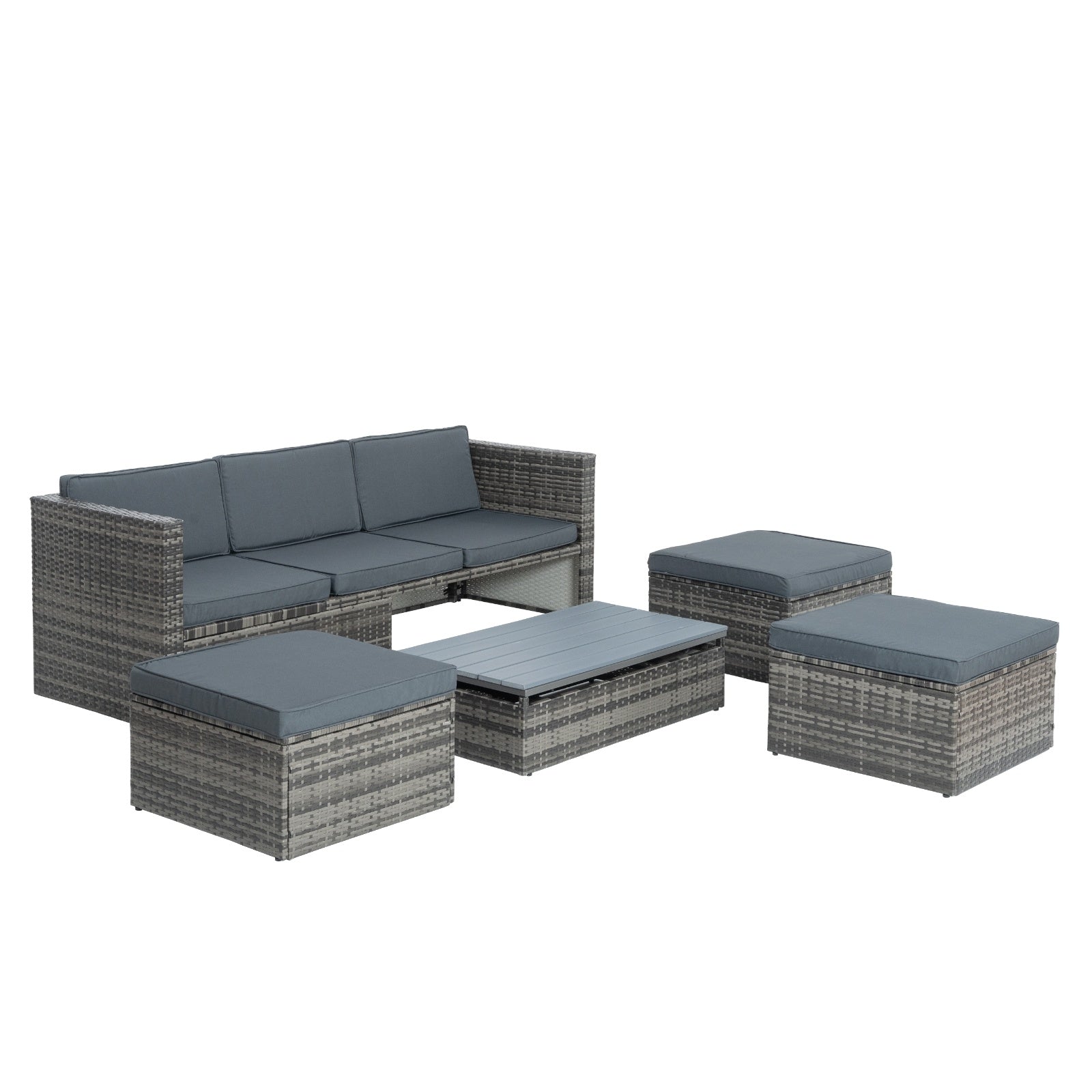 Shopi Vella outdoor wicker patio set with gray cushions including sofa, table, and ottomans