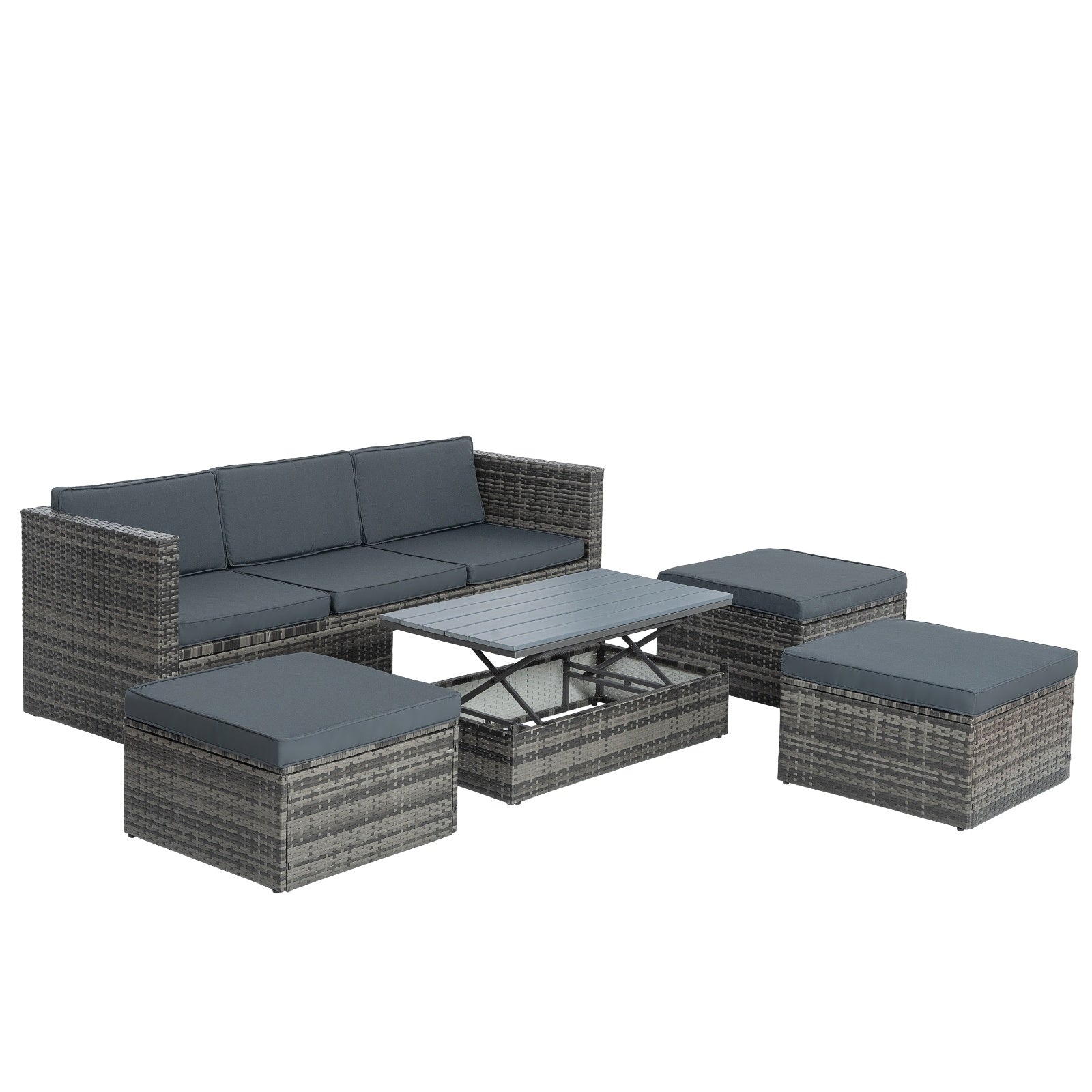 Shopi Vella outdoor wicker patio set with gray cushions including sofa, coffee table, and ottomans