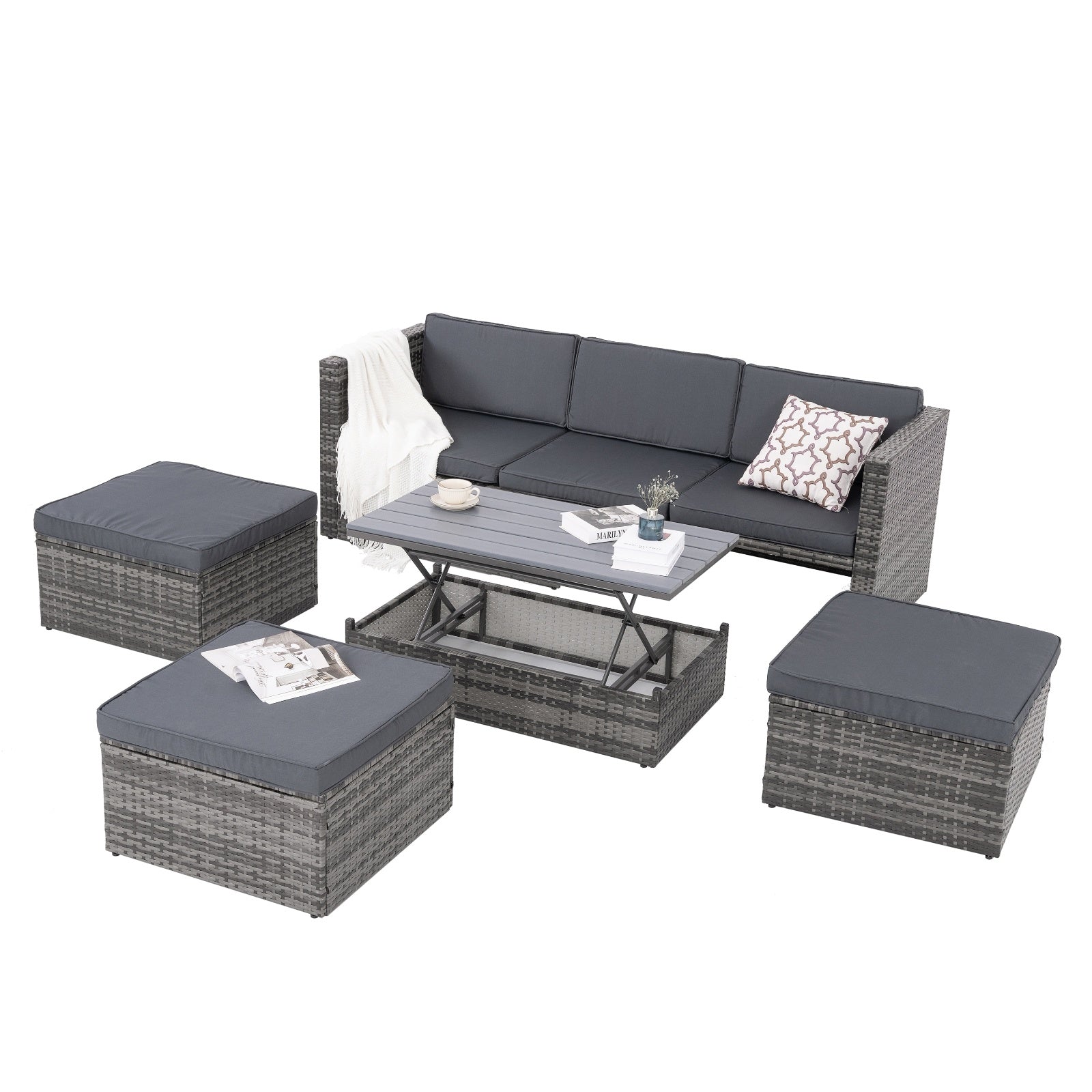 Shopi Vella outdoor wicker patio set with gray cushions including sofa, ottomans, and lift-top coffee table