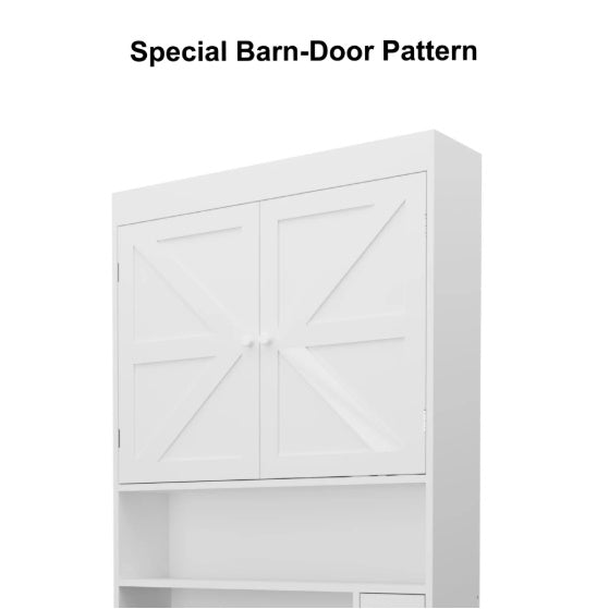 Shopi Vella white over the toilet storage cabinet with special barn-door pattern and shelves