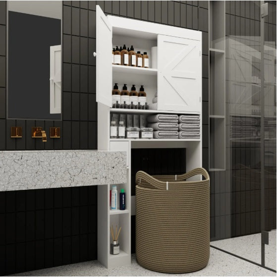 Shopi Vella white over the toilet storage cabinet with shelves holding toiletries and towels in modern bathroom