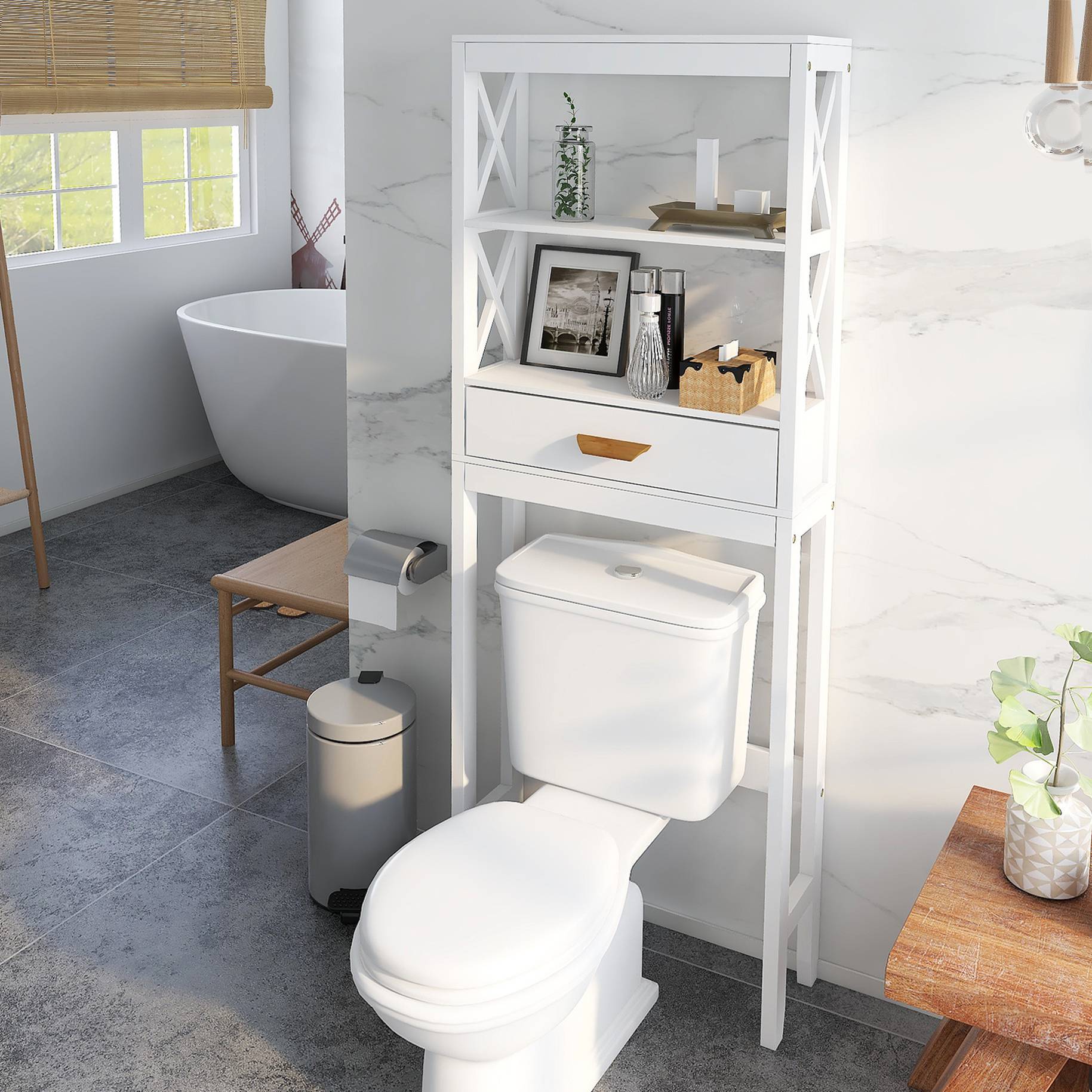 Shopi Vella over the toilet storage cabinet in white with open shelves and drawer in modern bathroom