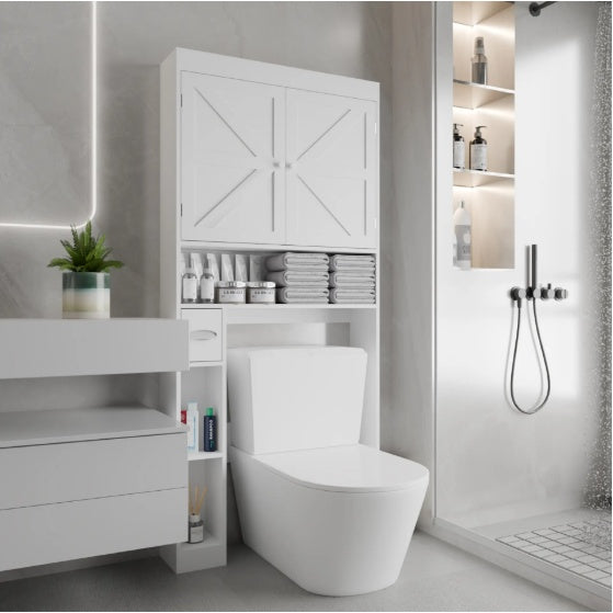 Shopi Vella white over the toilet storage cabinet with shelves and doors in modern bathroom