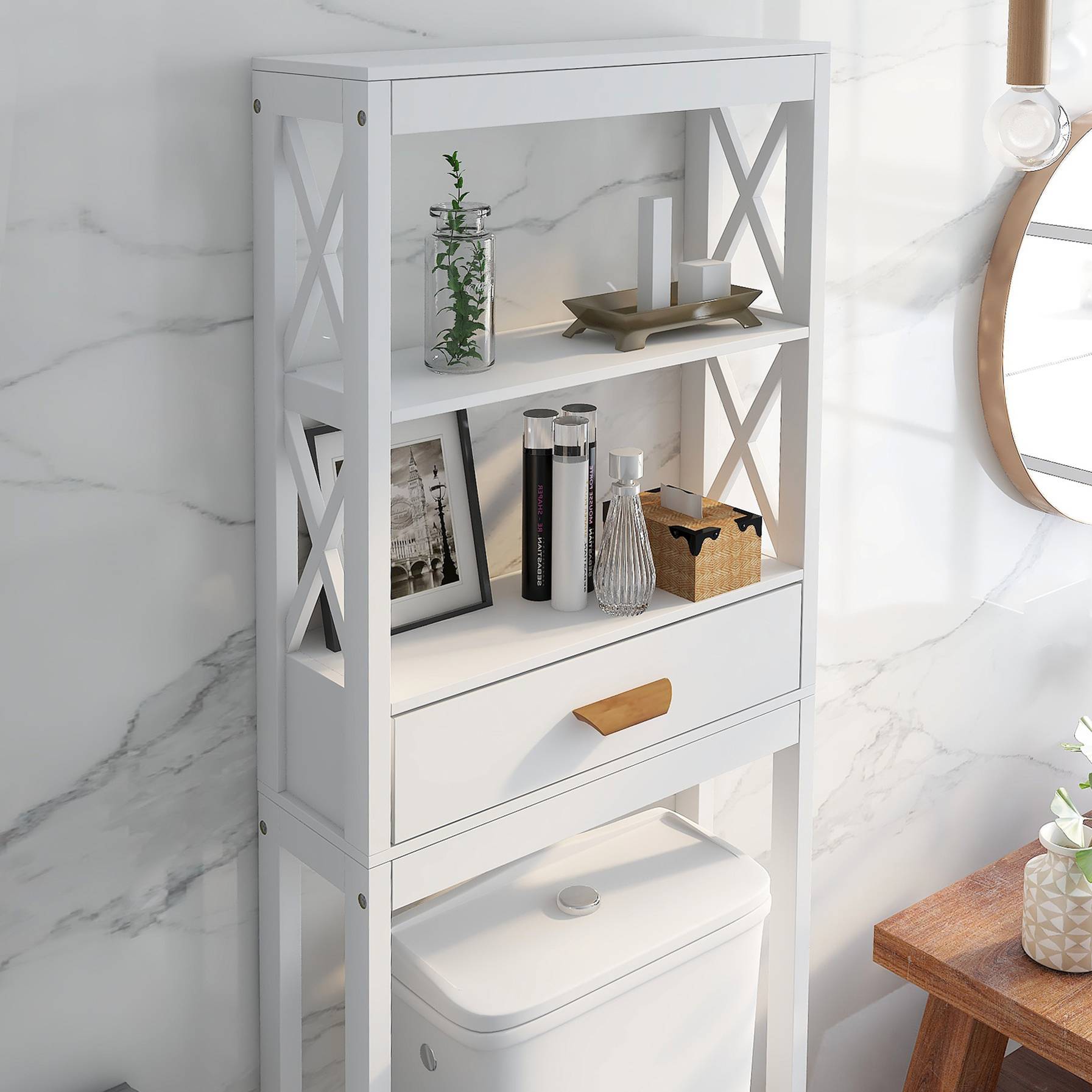 Shopi Vella white wooden over the toilet storage cabinet with shelves and drawer for bathroom organization