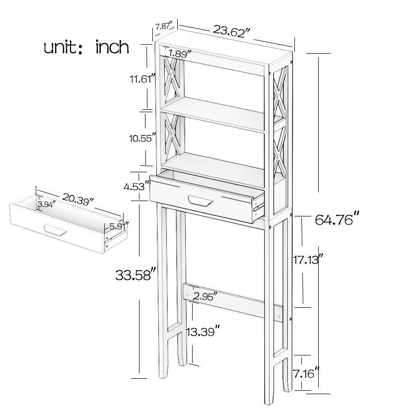 Shopi Vella over the toilet storage cabinet with shelves and drawer dimensions in inches