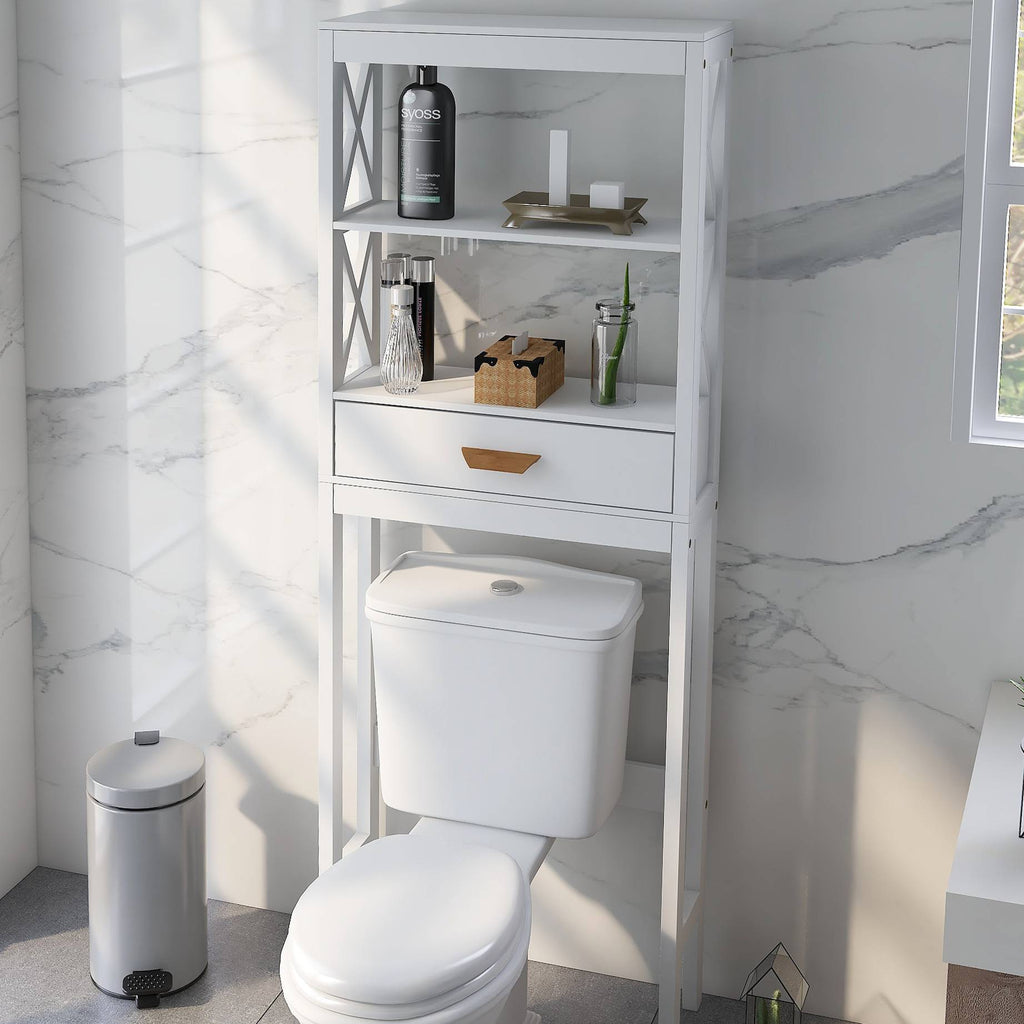 Shopi Vella white over the toilet storage cabinet with shelves and drawer in modern bathroom
