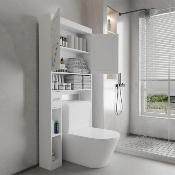 Shopi Vella over the toilet storage cabinet in white with shelves and doors holding towels and toiletries in modern bathroom