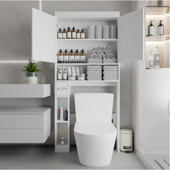 Shopi Vella over the toilet storage cabinet with open shelves holding toiletries and towels in modern bathroom