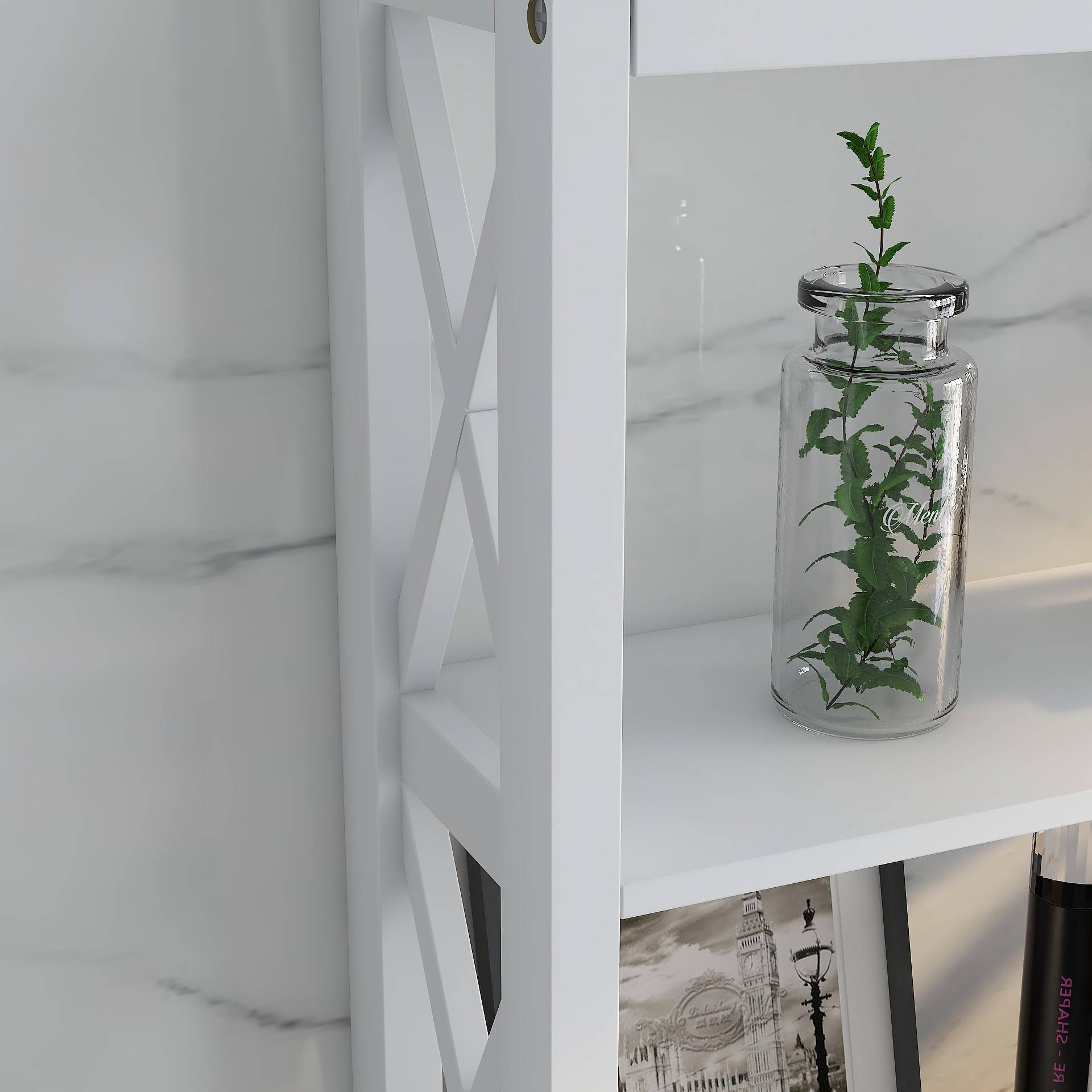 Shopi Vella white over the toilet storage cabinet with decorative cross panel and small glass vase