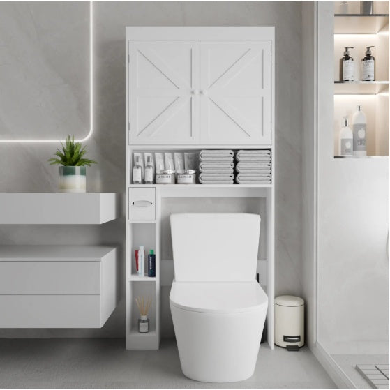 Shopi Vella white over the toilet storage cabinet with shelves and closed compartments in modern bathroom