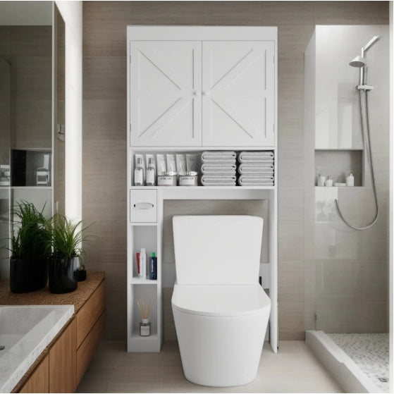 Shopi Vella white over the toilet storage cabinet with shelves and closed doors in modern bathroom
