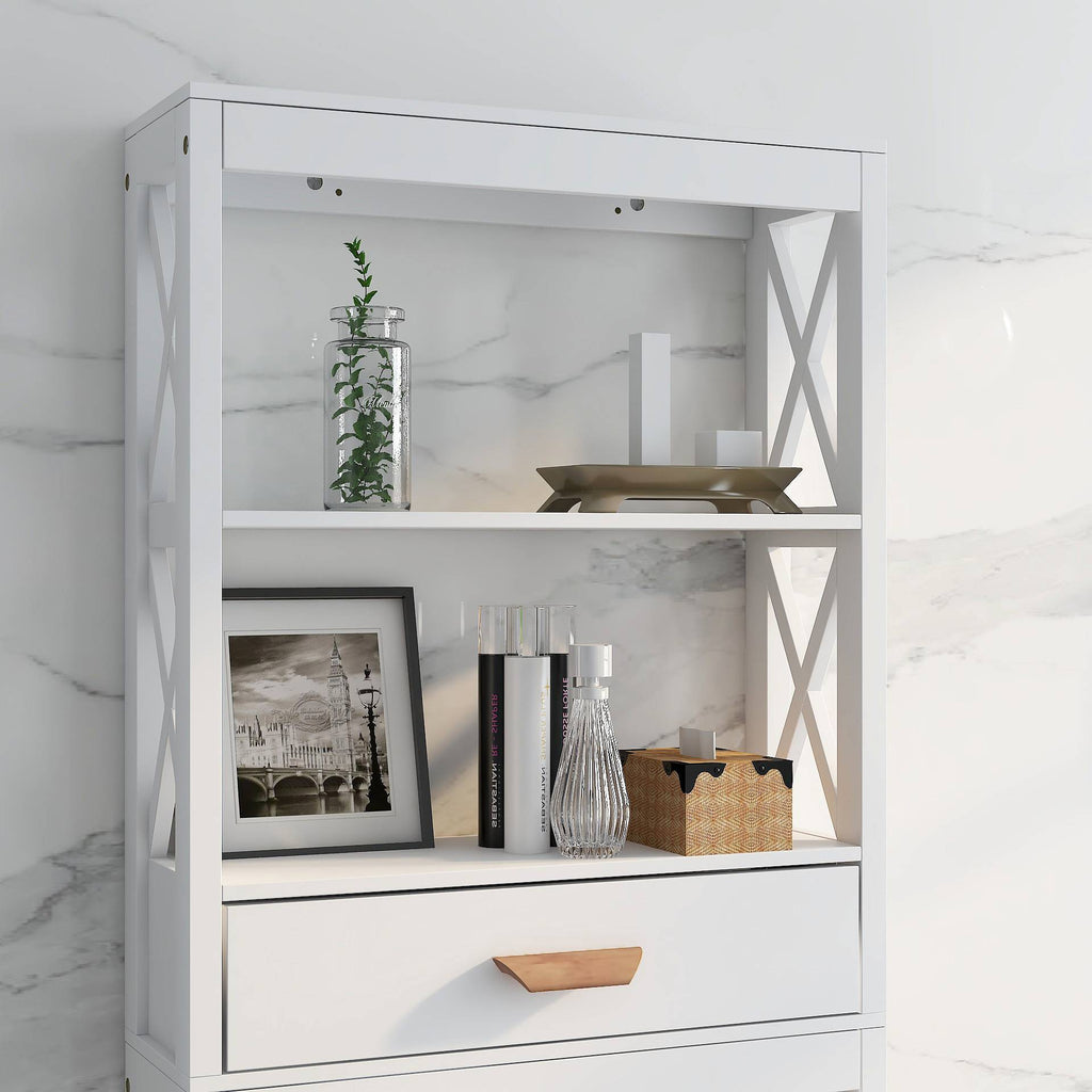Shopi Vella white over the toilet storage cabinet with shelves, drawer, and decorative items