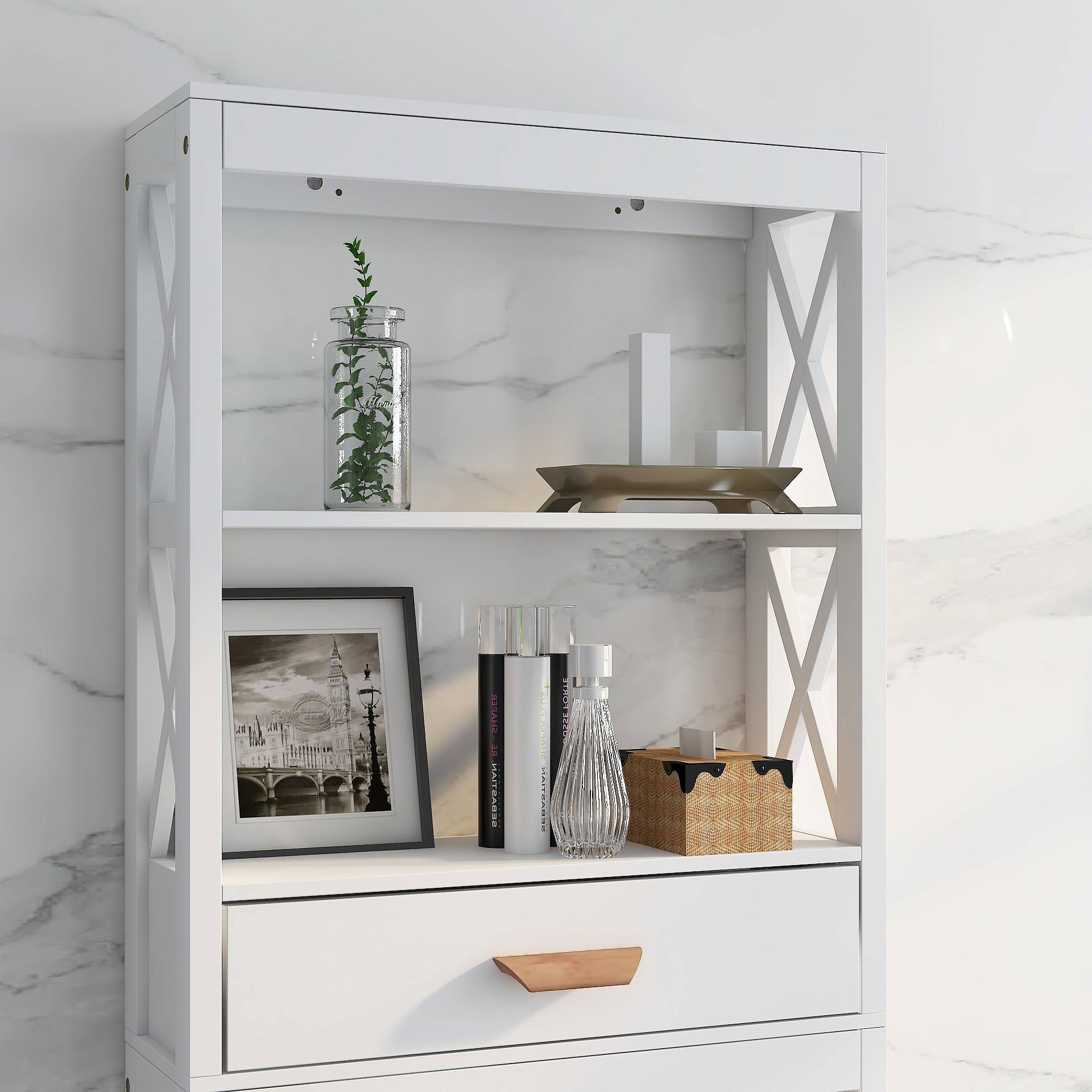 Shopi Vella white over the toilet storage cabinet with shelves, drawer, and decorative items