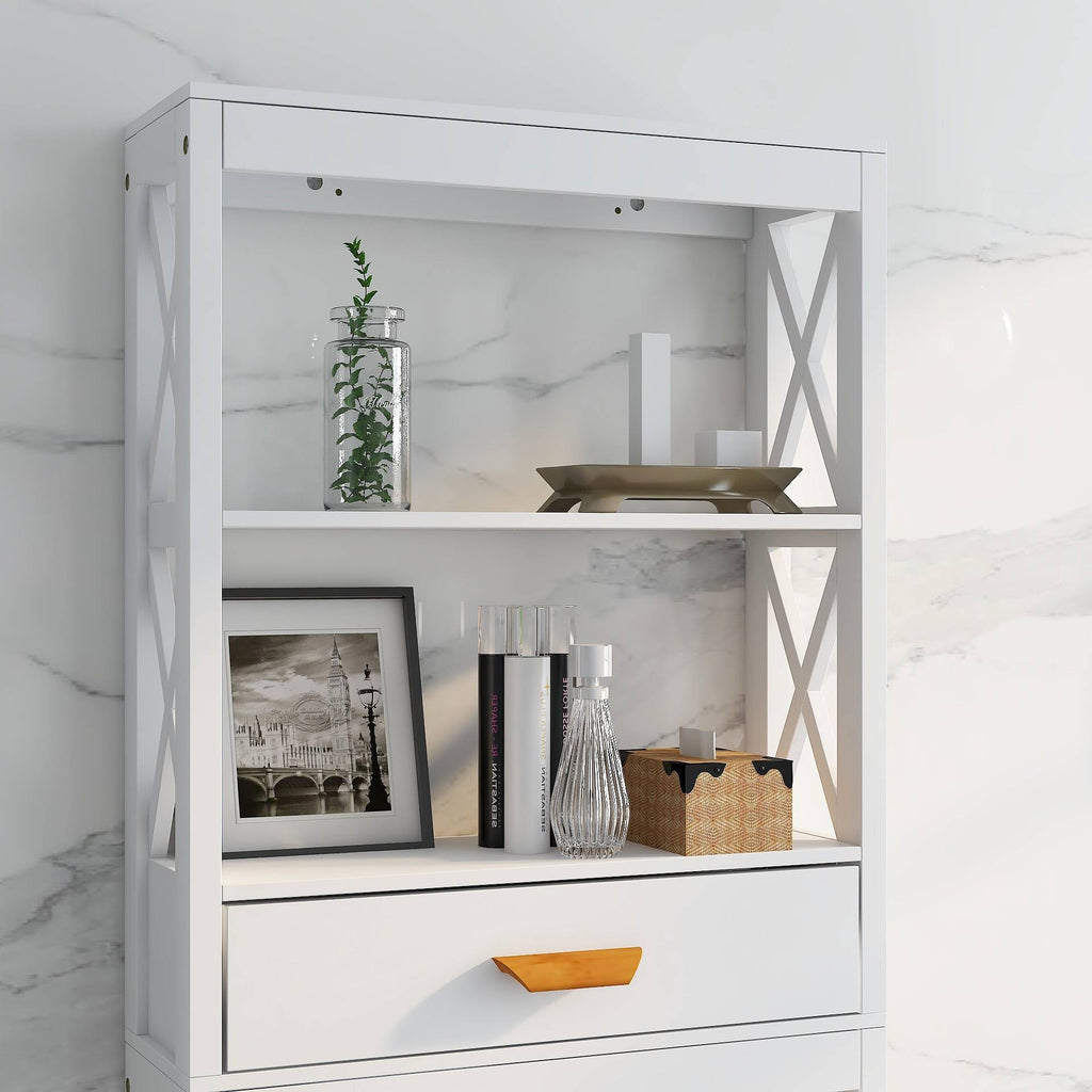 Shopi Vella white over the toilet storage cabinet with shelves and drawer in a bathroom