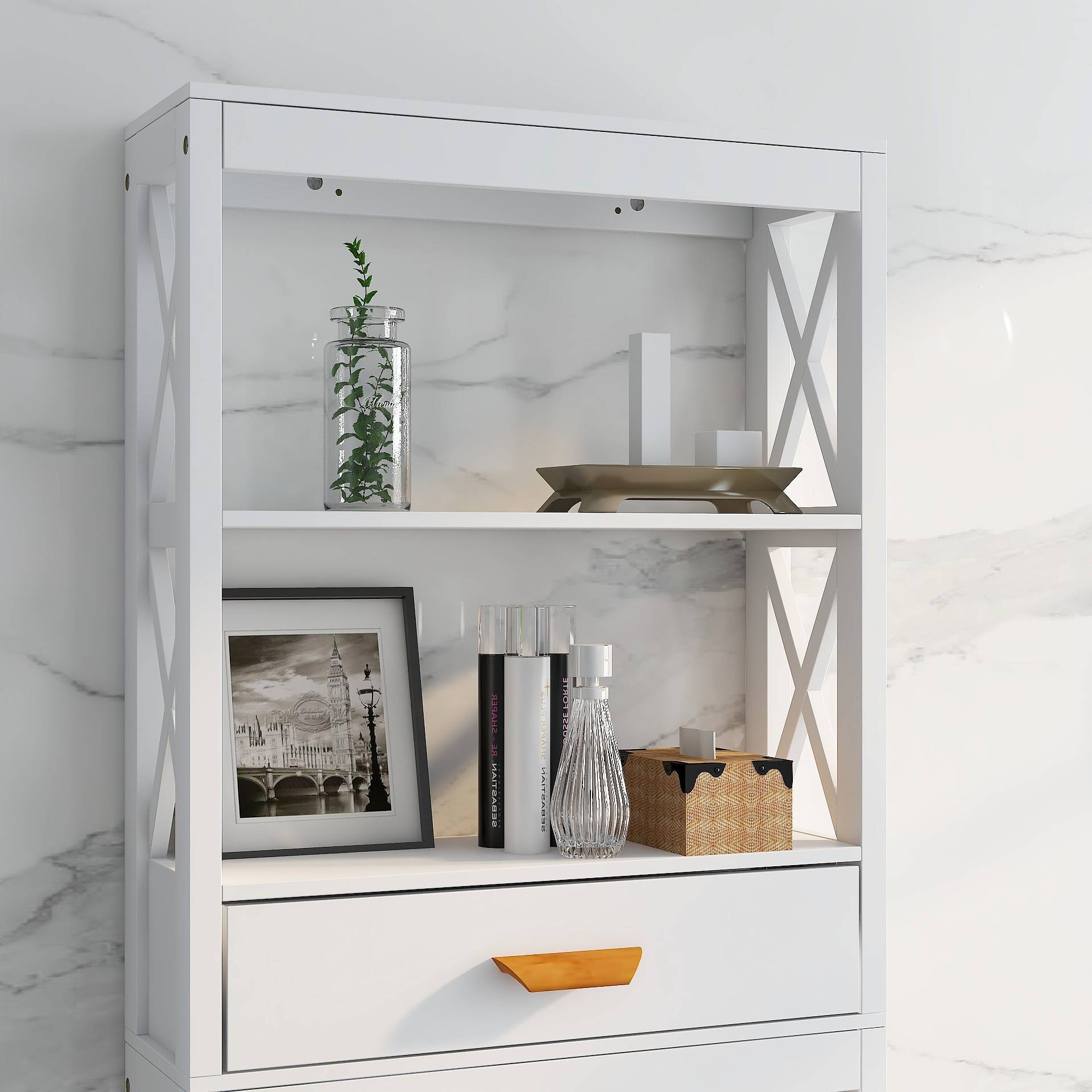 Shopi Vella white over the toilet storage cabinet with shelves and drawer in a bathroom